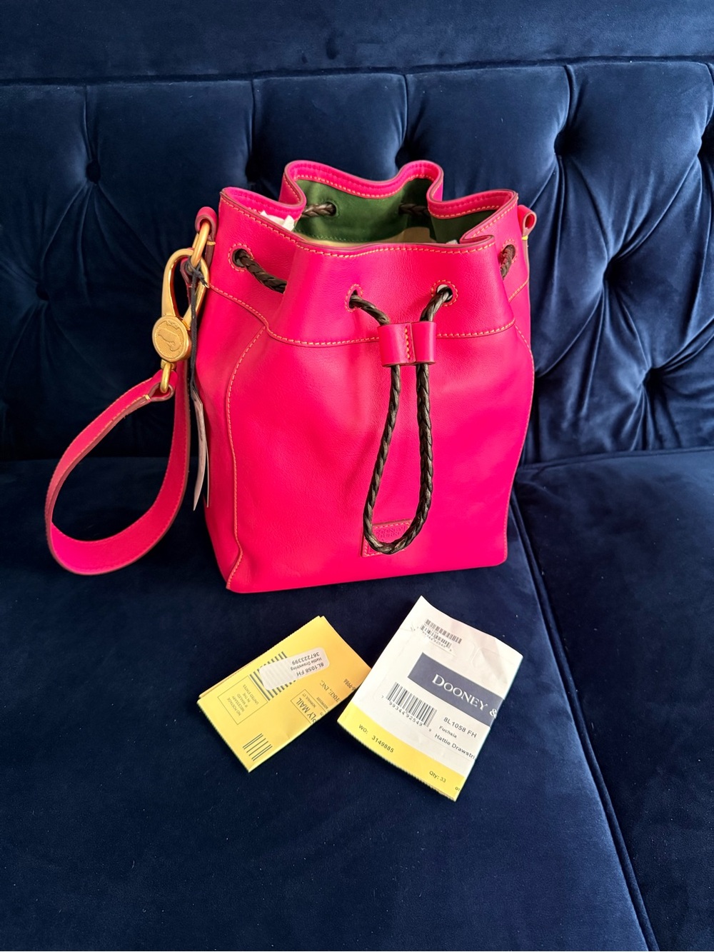 Dooney & Bourke Florentine Leather Fuchsia Drawstring Bucket Bag